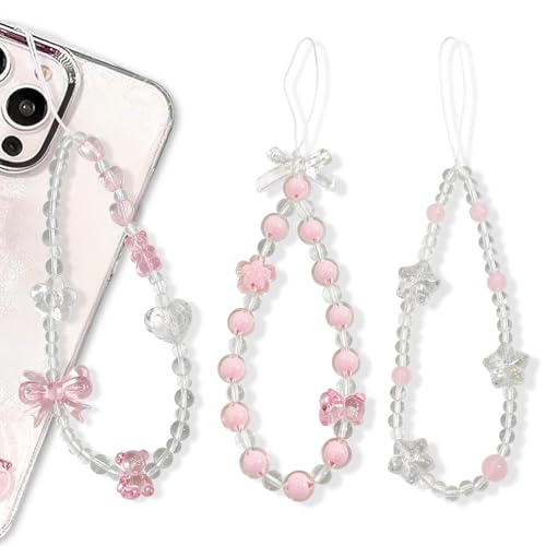 3 Pcs Crystal Beaded Phone Wrist Strap,Stationery Decoration Charm, Cute Aesthetic Phone Chain for Women Girls Cellphone Accessories, Keys & Bags