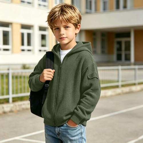 VBTAPA Hoodies For Boys Hoodies For Boys Waffle Knit Quarter Zip Pullover Long Sleeve Hooded Sweatshirts Warm Teen Youth Fall Outfits 2026 Army Green 7 Years - image 3
