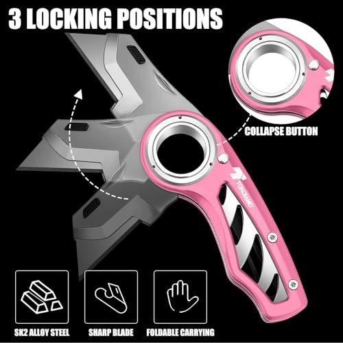 Image of Tondiamo 2 Pcs Folding Pocket Utility Knife Heavy Duty Box Cutter Folding Razor Knife with Anti Slip Finger Loop Easy Change Blades 3 Lock Positions Design (Pink)