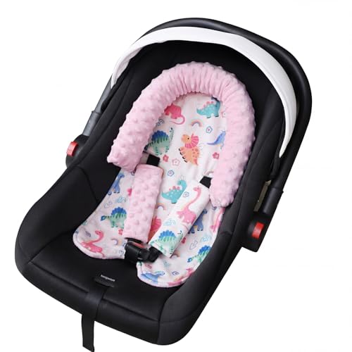 Image of Baby Head Support and Strap Covers for Car Seat,Minky Infant Carseat Headrest for Newborn, Infant Car Seat Insert Pad for Strollers,Swing (Pink Dinosaur)
