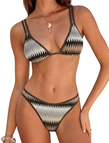 ZAFUL Bikini Sets for Women Dual Straps Wave Texture Cutout Color Block Triangle Swimsuits 2 Pieces Bathing Suits(1-Brown, M)