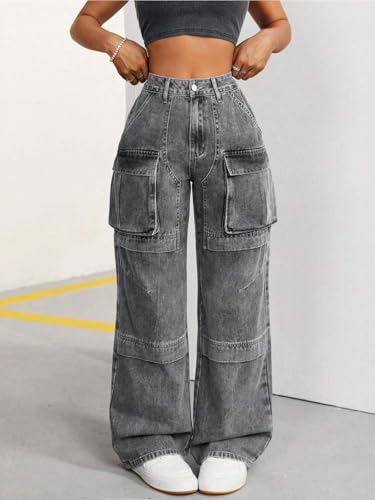 Image of GRECIILOOKS Women's Stretch Denim Wide Leg Jeans | Comfort Fit, Straight Cut, Casual Style | Baggy Cargo Style Casual Pants