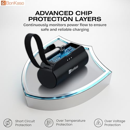 Image of BonKaso 5000mAh Mini Power Bank 15W PD Fast Charging, Built-in Type-C & i5 Cable, USB-C Input /Output, LED Indicator, Portable Charger with Mobile Stand for iPhone, Android - Black
