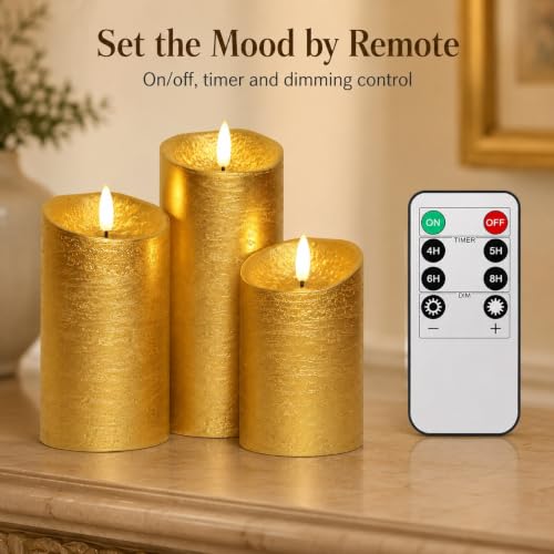 Image of Gold Flameless Candles with Remote Set of 3 Christmas Decor | 3 Inch Diameter, 4 5 6 Inch Heights, Real Wax, 3D Flicker, 8 Key Remote, Timer, 2 AA Each