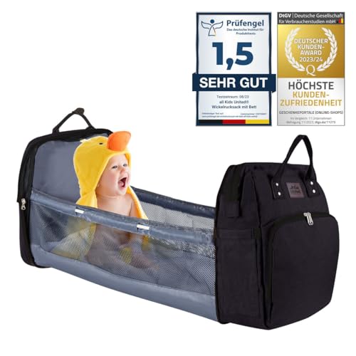 all Kids United® Baby Wickelrucksack Deluxe mit Kinderbett - Babytasche Wickeltasche Set: Baby-Rucksack, Wickelauflage, integriertem Babybett, Kinderwagen-Haken (Schwarz)