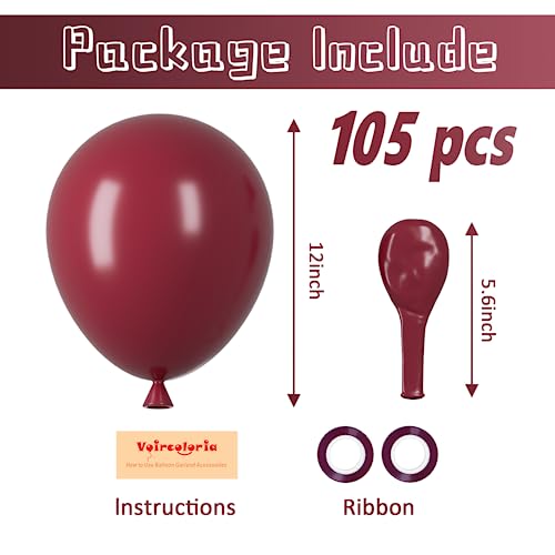 Image of Voircoloria 105pcs Burgundy Balloons 12inch Maroon Party Latex Balloons for Birthday, Graduation, Baby Shower,Wedding, Anniversary Valentines Party Decorations