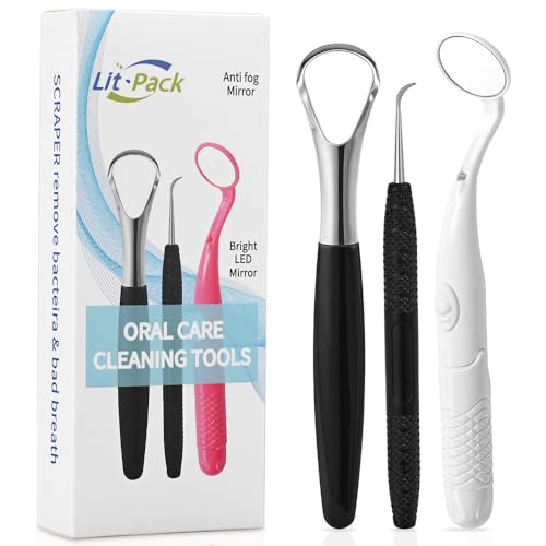 Image of Oral Care Dental Cleaning Kit, Dental Mirror with Light, Explorer Pick, and Tongue Scraper Quality Stainless Steel Dental Tools, Easy-Grip Handle (white mirror)