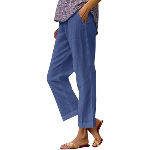 Cotton Linen Pants for Women Summer Boho Plus Size Elastic Waist Casual Loose Beach Straight Leg Trouser with Pockets