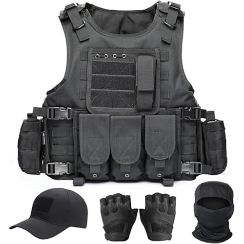 Airsoft Vest,Plate Tactical Vest Set,Military Paintball Gear | Molle Vest with Pouches,Cap,Balaclava Mask,Gloves for Military Costume,Men's Airsoft Gear and Equipment