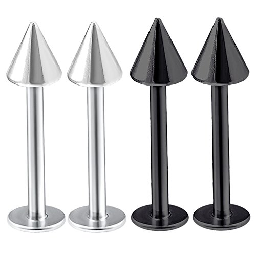 bodyjewellery 4pcs 16g Labret Stud Lip Ring Cartilage Tragus Snakebite Monroe Triple Forward Helix Conch Medusa Lobe Black Spike - 10mm