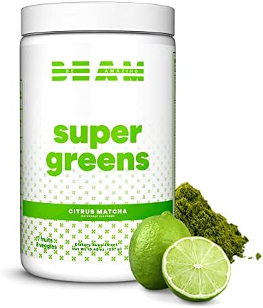 BEAM be Amazing Super Greens Powder with Prebiotics, Digestive Enzymes & Antioxidants | Energy Supplements, 18 Fruits & 8 Veggies | Gluten-Free Juice & Smoothie Mix | Citrus Matcha, 30 Servings, 342 g