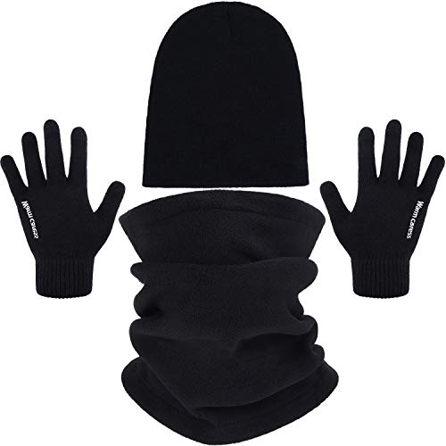 SATINIOR 3 Pieces Winter Beanie Hat Neck Warmer Scarf Touch Screen Gloves for Winter Outdoor Sport Black, Large