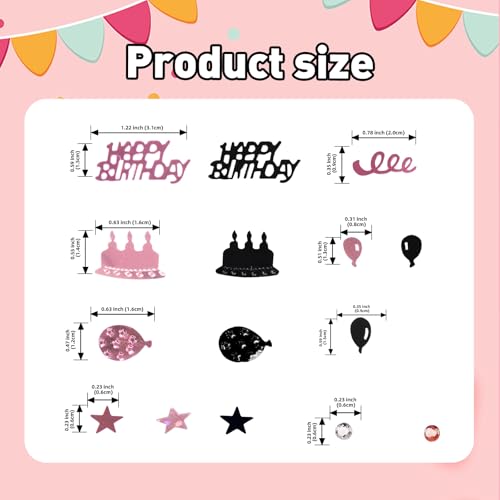 Image of Rose Gold and Black Happy Birthday Confetti, 3000 Pcs Birthday Cake Table Metallic Foil Confetti Party Table Decor for Party, Baby Shower, DIY Arts and Crafting
