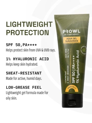 Image of PROWL by Tiger Shroff Aqua Gel Men Sunscreen SPF50 PA++++ for Oily Skin | Face Sun Screen with 1% Hyaluronic Acid | Lightweight, Sweat Resistant Sun Cream for Oily, Dry & All Skin Types | 50ml
