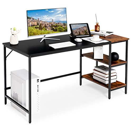 CASART Computer Desk, Wooden Work Table Study Writing Desk with Removable Shelves & Adjustable Footpads, Metal Frame Home Office Desks PC Laptop Table (140 x 60 x 74cm, Black)