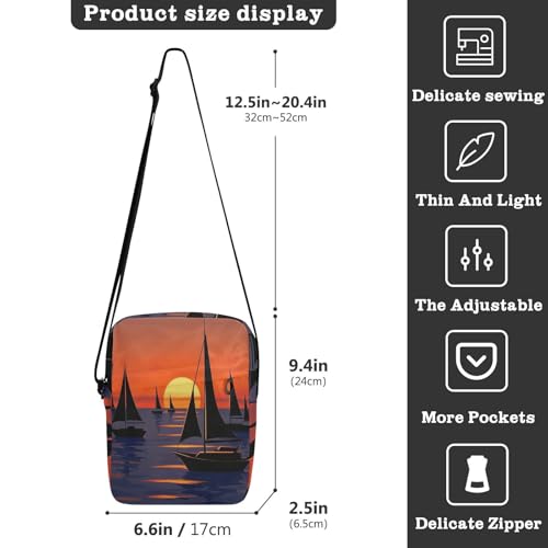 messenger bag for men mens shoulder bag Women's Cross Body Purse Adjustable Strap for School School- Sunset Boat Red Blue3