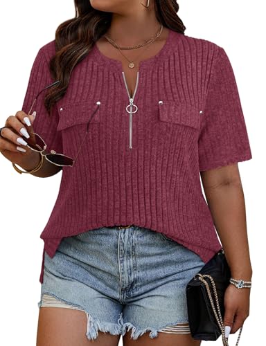 Flikity Office Wear for Women UK, Zipped V Neck Jumpers Short Sleeve Women's T Shirts Ladies Tunic Tops Fashion Spring Autumn Autumn Clothes for Women 1XL Wine Red