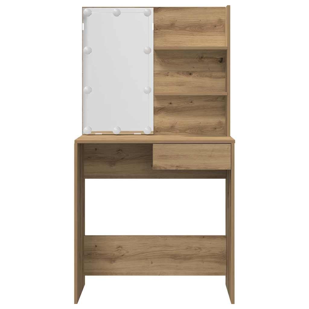 Set Toeletta con LED Rovere Artigianale in Legno Multistrato con Sgabello