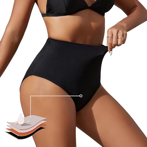 Runmeihe Period Pants for Swimming for Girls Teens Women, High Waisted Black Bikini Period Swimwear, Menstrual Leakproof Underwear, Swim Bottoms (UK, Alpha, XL, Regular, Regular, Black)