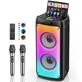 HWWR Karaoke Maschine mit 2 Mikrofonen ohne Verzögerung, groß Karaoke Anlage Partybox mit Echo-Einstellung und kräftigem Bass, unterstützt TWS/TV, Karaoke Box für Familienpartys und Grillabende