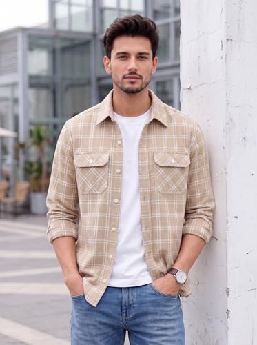 Image of Amazon Brand - INKAST Men's Cotton Blend Button Down Shirt || Long Sleeve Casual Flannel Check Shirt || Soft Breathable Lightweight Collared Shirts with Two Flap Chest Pockets || Stylish Everyday Wear