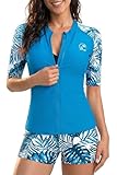 Holipick Blue Leaves Women 2 Piece Rash Guard Swimsuit-Short Sleeve Swim Shirt with Shorts Full Zipper SPF Modest Swimwear L