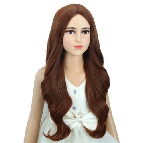 Image of Kids Ginger Orange Wig Long Dark Orange Wavy Curly Wig for Child Girls Long Ginger Middle Part Wigs Heat Resistant Synthetic Wigs with Cap
