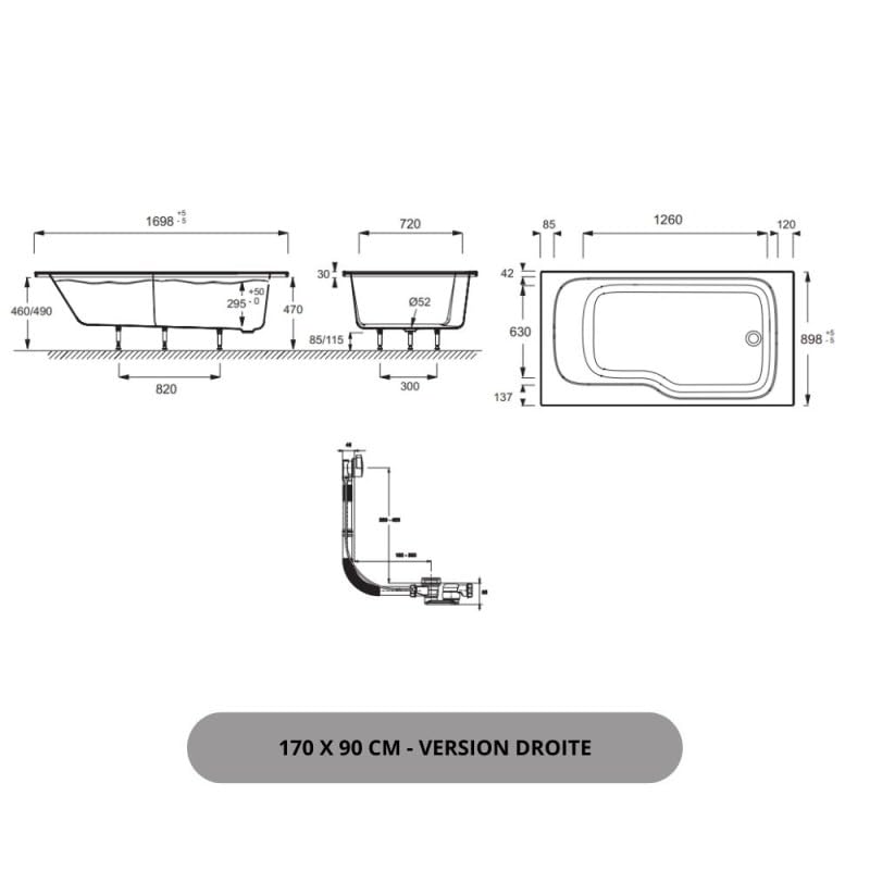 Baignoire bain douche JACOB DELAFON Malice antidérapante, version droite 170x90 cm Blanc mat