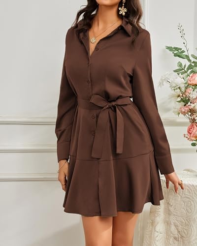 Image of Women's Long Sleeve Button Up Midi Belt Shift Collar Dress with Pockets for Work Office Business