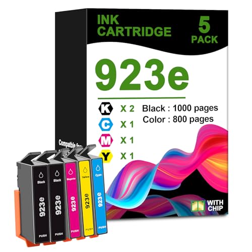 923e High Capacity Ink Cartridges 2BK&CMY with Chip Replacement for HP 923 Ink Cartridges Compatible with OfficeJet 8122e OfficeJet Pro 8135e 8138e 8139e Printer(5-Pack)