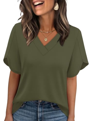 Image of WIHOLL Womens Summer Tops Short Petal Sleeve Shirts Fashion V Neck Womens Clothing