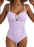 Aleumdr Women 2026 Fashion Color Block One Piece Swimsuits Tummy Control Swimwear Ruched Bathing Suit Retro Bathing Suit Purple Stripe Large