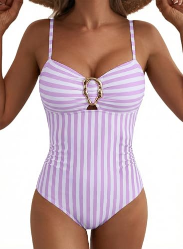 Aleumdr Women 2026 Fashion Color Block One Piece Swimsuits Tummy Control Swimwear Ruched Bathing Suit Retro Bathing Suit Purple Stripe Large