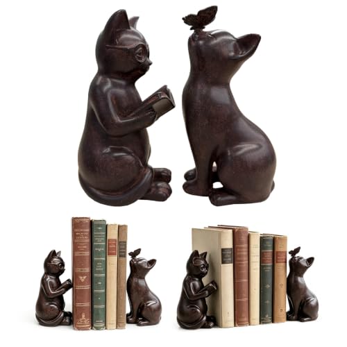 Xmeden Cat Bookends for Shelves 2 Pack Vintage Resin Decorative Book Ends Hold Books Cute Sturdy Book Stoppers Office Desk Living Room Decor Gift for Cat Lovers and Readers
