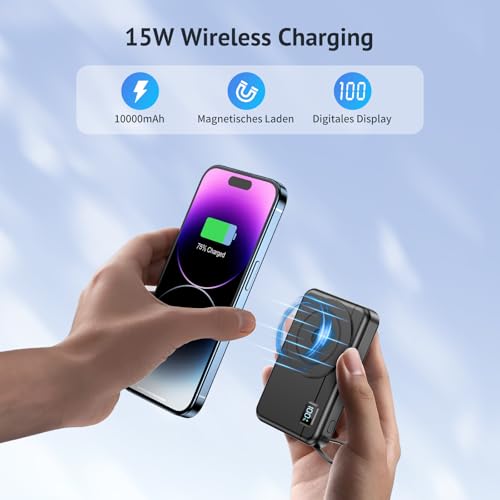 Magsafe Powerbank 10000mAh 22.5W Magnetische - Kabelloses Externe Handyakkus mit Typ-C-Eingang und -Ausgang USB-C, LED-Anzeige Kompatibel for iPhone 16 15 14 13 12 Pro Max Serie, Galaxy Muctsda