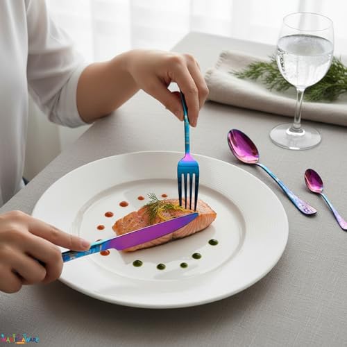 Image of Floral Rainbow 5 Pcs Stainless Steel Cutlery Set for Dining Table, Dishwasher Safe Glossy Flatware (1 Spoon Set+1 Forks Set+1 Butter Knife+1 Dessert Spoon+ 1 FruitFork)