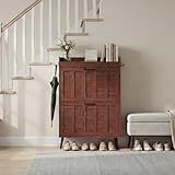 ELUREVIA Schuhschrank Schmal mit 2 Klappschubladen, Landhausstil Schuhaufbewahrung für Flur Wohnzimmer, Kippschutz, Nussbaumfarbe