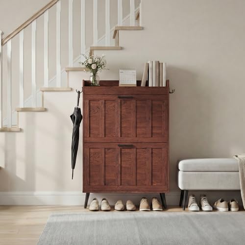ELUREVIA Meuble à Chaussures à 2 Abattants, Armoire à Chaussures Étroit Style Campagne, Capacité 12 à 16 Paires, Rangement pour Entrée, Salon et...