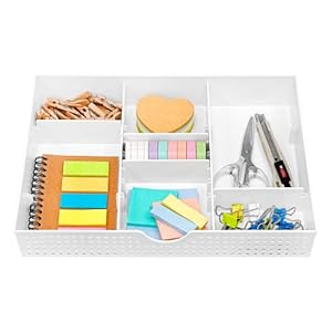 CAXXA 3 Slot Drawer Organizer with 4 Adjustable Dividers – Drawer Storage 7 Compartments Junk Drawer Organizer for Office Desk Supplies and Accessories, White