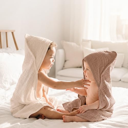 Image of Konssy 2-Pack Muslin Hooded Baby Towels, 100% Cotton, Ultra-Soft & Absorbent Baby Bath Towels with Hood for Newborn & Infant (Cream, Camel,32 inch x 32 inch)