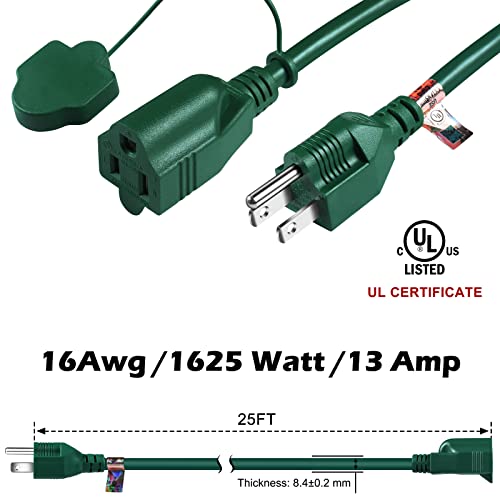 25 Ft Indoor/Outdoor Extension Cord, Green 16/3 Sjtw 3 Prong Plug, Waterproof & Weather Resistant, Power Cord Extension For Garden And Appliances, Ul Listed #TOP1