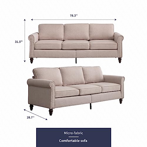 Zafly Sofa Couch, Beige 3 Seat Couches For Living Room, Mid Century Modern Couch With Solid Wood Frame And 4 Gourd Shapes Legs For Home/Office/Apartment #TOP1