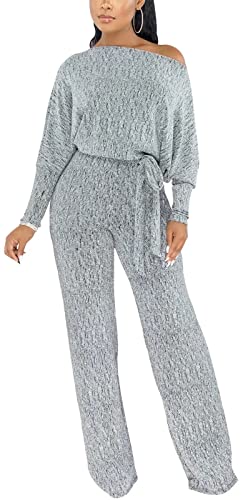 Zonjie Gold Sexy Sparkly Sequin Jumpsuits For Women Elegant One Piece Clubwear Off Shoulder Long Sleeves Wide Leg Pants Rompers X-Large #TOP1