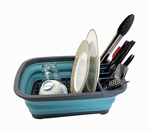 SAMMART 8L Foldable Plastic Dish Drainer - Portable Drying Rack - Collapsible Dinnerware Organizer for Space-Saving Kitchen Storage (Set of 2: Alloy Grey + Crystal Blue) - Image 8