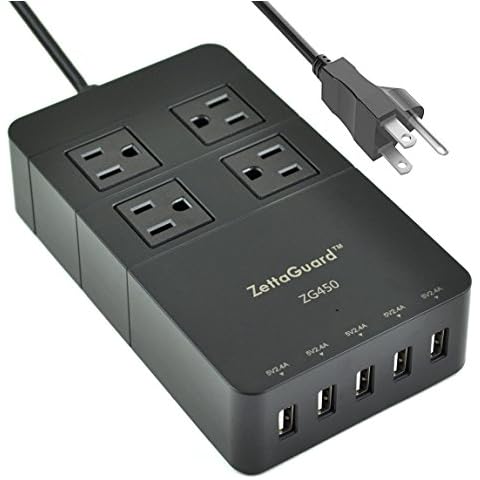 Zettaguard Mini 4-Outlet Travel Power Strip Surge Protector with USB Charger USB Charging Station (5-Port Smart, 40W/8A) and 5 Feet Power Cord, Black Cover