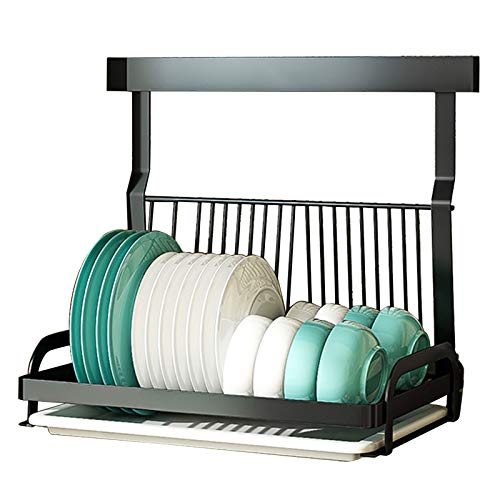 Escurridor de platos, organizador de almacenamiento de platos de cocina montado en la pared con escurridor extraíble, gran capacidad, acero inoxidable negro, instalación sin clavos