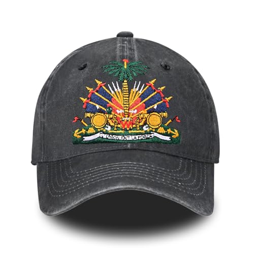 Haiti Flag Embroidered Baseball Cap for Women Men Vintage Adjustable Washed Distressed Denim Baseball Hat
