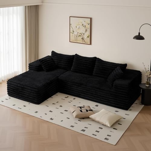 Image of 2 inch Corduroy Boneless Couches for Living Room, L Shape Sofa with Chaise | 102.4 inch Modular Sectional Sofa, Cloud Couch Sectional with Deep Seat, No Assembly, Black, Left Chaise
