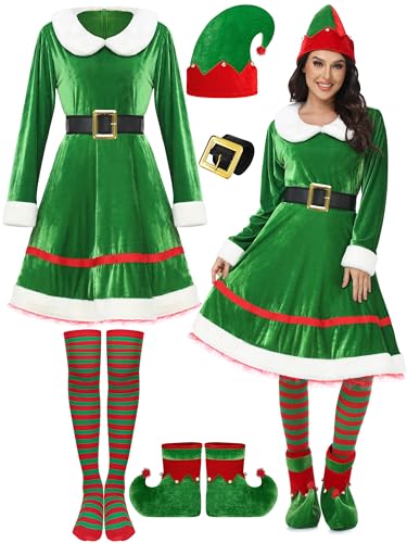 SOMSOC 5 Pack Women Christmas Elf Costume Set Velvet Dress