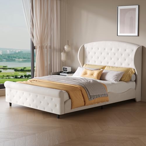 QLTXYHML Lit 140x200 cm Beige – Lit Double Style Traîneau Capitonné, Cadre de Lit Adulte avec Sommier à Lattes Inclus